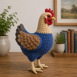 Op de afbeelding: Een handgemaakte gehaakte kippenfiguur. De kip heeft een rode kam, een gele snavel en beige poten. Het lichaam is een combinatie van blauw, beige, bruin en grijs garen. Een charmante toevoeging aan elk interieur.