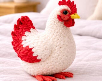 Crochet Chicken Amigurumi Pattern – Red White Farm Animal Plush Toy (PDF Download)
