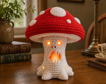 Handmade Crochet Mushroom Lamp, Glowing Whimsical Decor, Cottagecore Plant Lover Gift