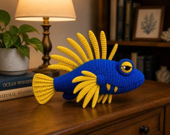 Lionfish Crochet Pattern, Blue Yellow Tropical Fish Amigurumi Plush Tutorial (PDF)