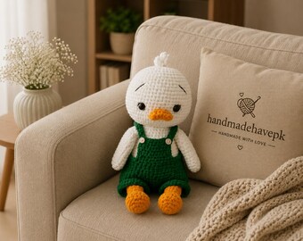 Handmade Crochet Duck Plush with Green Overalls, Amigurumi Stuffed Animal Toy