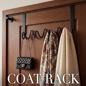 May include: Black metal over-the-door coat rack with a wavy design. A black quilted handbag with a gold chain strap and a cream-colored scarf hang from the rack. The text "COAT RACK" is at the bottom of the image.