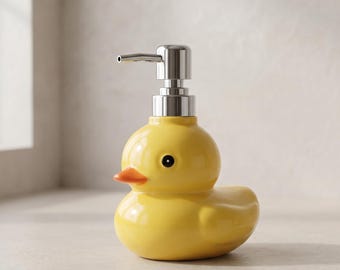 Dispensador de jabón de cerámica con forma de pato amarillo, bomba de loción para baño, accesorio decorativo para lavabo