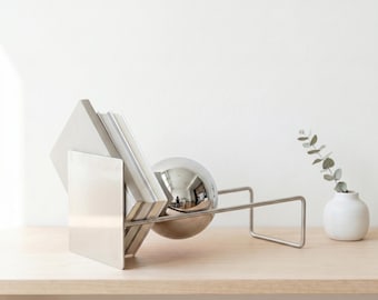 Chrome Sculptural Stainless Steel Book Holder – Modern Minimalist Magazine Rack, Desk Organizer