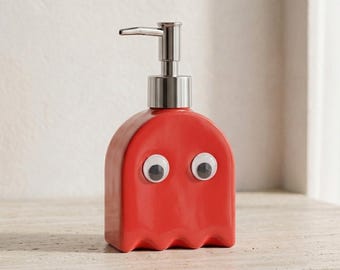 Dispensador de jabón de cerámica con diseño de fantasma rojo, dispensador de jabón con bomba de dibujos animados, soporte para loción de baño, decoración moderna para lavabo