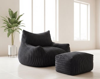 Corduroy Bean Bag Chair with Ottoman for Adults, Cozy Lounge Floor Sofa, Modern Reading Gaming Nook Furniture, Teen Dorm Room Gift