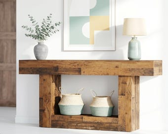 素朴な農家風コンソールテーブル、棚付きの細身の木製玄関テーブル