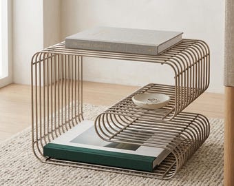 Metal Wire Side Table, Scandinavian Magazine Rack, Sculptural End Table, Minimalist Book Storage
