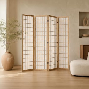May include: A four-panel room divider featuring a light-toned wooden frame with a grid pattern and translucent white paper inserts. The folding screen stands upright with black metal hinges connecting each section in a zig-zag arrangement.