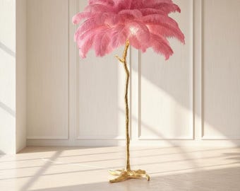 Lámpara de pie de plumas de avestruz, moderna y lujosa, ideal para la decoración de un dormitorio acogedor / Pieza decorativa de estilo nórdico para salón, regalo perfecto para ella.
