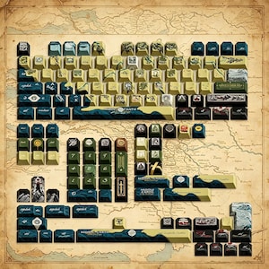 Puede incluir: Un conjunto de teclas para teclado mecánico con temática de la Tierra Media. El set incluye varios tonos de verde, azul y crema, con ilustraciones detalladas de paisajes, símbolos y el texto Middle-earth.