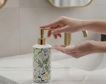Floral ceramic soap dispenser 430ml | gold pump | refillable bathroom bottle