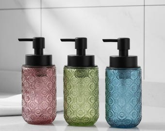 Vintage embossed glass foaming soap dispenser | matte black pump | bathroom or kitchen