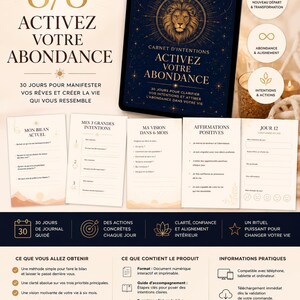 Peut inclure: Un carnet d'intentions numérique intitulé Lion's Gate Portal 8/8, illustré d'un lion sur fond bleu nuit. L'ensemble comprend des pages imprimables pour les intentions, affirmations et suivi quotidien, conçu pour un processus de 30 jours.