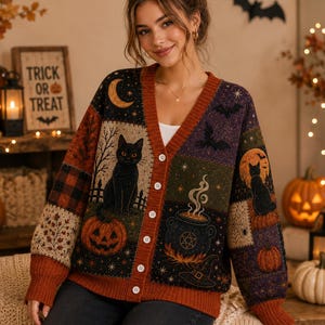 May include: A long-sleeve button-down cardigan featuring a patchwork design with Halloween motifs including black cats, pumpkins, a cauldron, bats, and a crescent moon. The knit sweater has a rust-colored trim and a V-neckline with white buttons.
