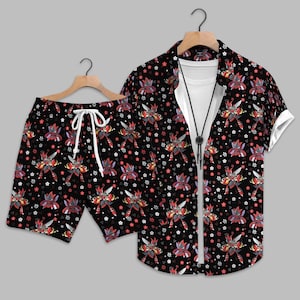 May include: A matching black short-sleeve button-down shirt and shorts set. The set features a repeating pattern of red, pink, and white floral and geometric designs. The shirt is open, revealing a white undershirt and a black bolo tie.