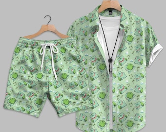 Bulbasaur Inspired Hawaiian Shirt, Cute Green Anime Tropical Shirt, Kawaii Plant Cartoon Aloha Shirt, Nature Summer Beach Vacation Outfit