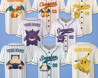 Personalized Poke Inspired Baseball Jersey, Custom Name Sports Jersey, Anime Baseball Shirt, Custom Number Jersey, Fan Gift for Him Her