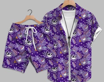 Gengar Inspired Hawaiian Shirt, Ghost Anime Tropical Shirt, Dark Aesthetic Aloha Shirt, Kawaii Cartoon Summer Beach Vacation Outfit