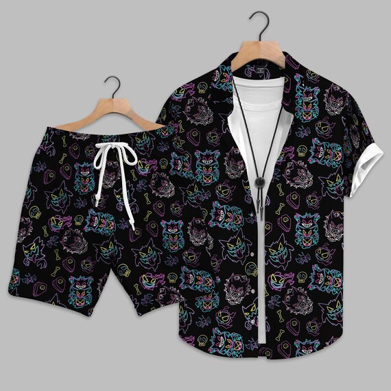 Gengar Inspired Hawaiian Shirt, Cute Ghost Anime Aloha Shirt, Purple Spooky Beachwear, Unisex Summer Vacation Outfit Gift