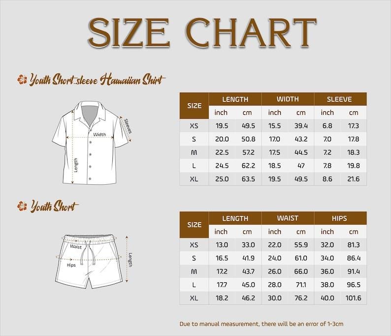 K&ouml;nnte beinhalten: Eine Gr&ouml;&szlig;entabelle f&uuml;r kurz&auml;rmelige hawaiianische Hemden und Shorts f&uuml;r Jugendliche. Die Grafik zeigt Strichzeichnungen der Kleidungsst&uuml;cke mit beschrifteten Ma&szlig;en und zwei Tabellen mit Angaben in Zoll und Zentimetern f&uuml;r die Gr&ouml;&szlig;en XS bis XL.