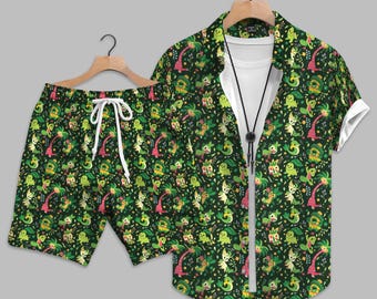 Chikorita Servine Inspired Hawaiian Shirt, Cute Green Anime Tropical Shirt, Kawaii Plant Cartoon Aloha Shirt, Grass type Poke Beach Outfit