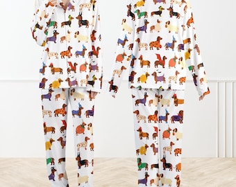 Halloween Dachshund Silky Satin Pajama Set for Women, Cute Wiener Dog Sleepwear, Spooky Dog Pajamas, Soft Satin Loungewear, Gift for Her