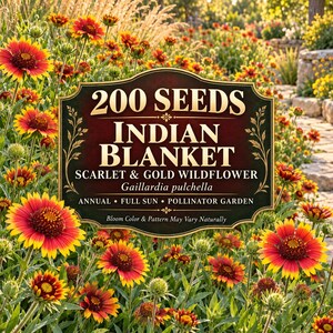 May include: A seed packet label featuring the text 200 SEEDS INDIAN BLANKET SCARLET & GOLD WILDFLOWER Gaillardia pulchella ANNUAL FULL SUN POLLINATOR GARDEN Bloom Color & Pattern May Vary Naturally, set against a background of red and yellow flowers.