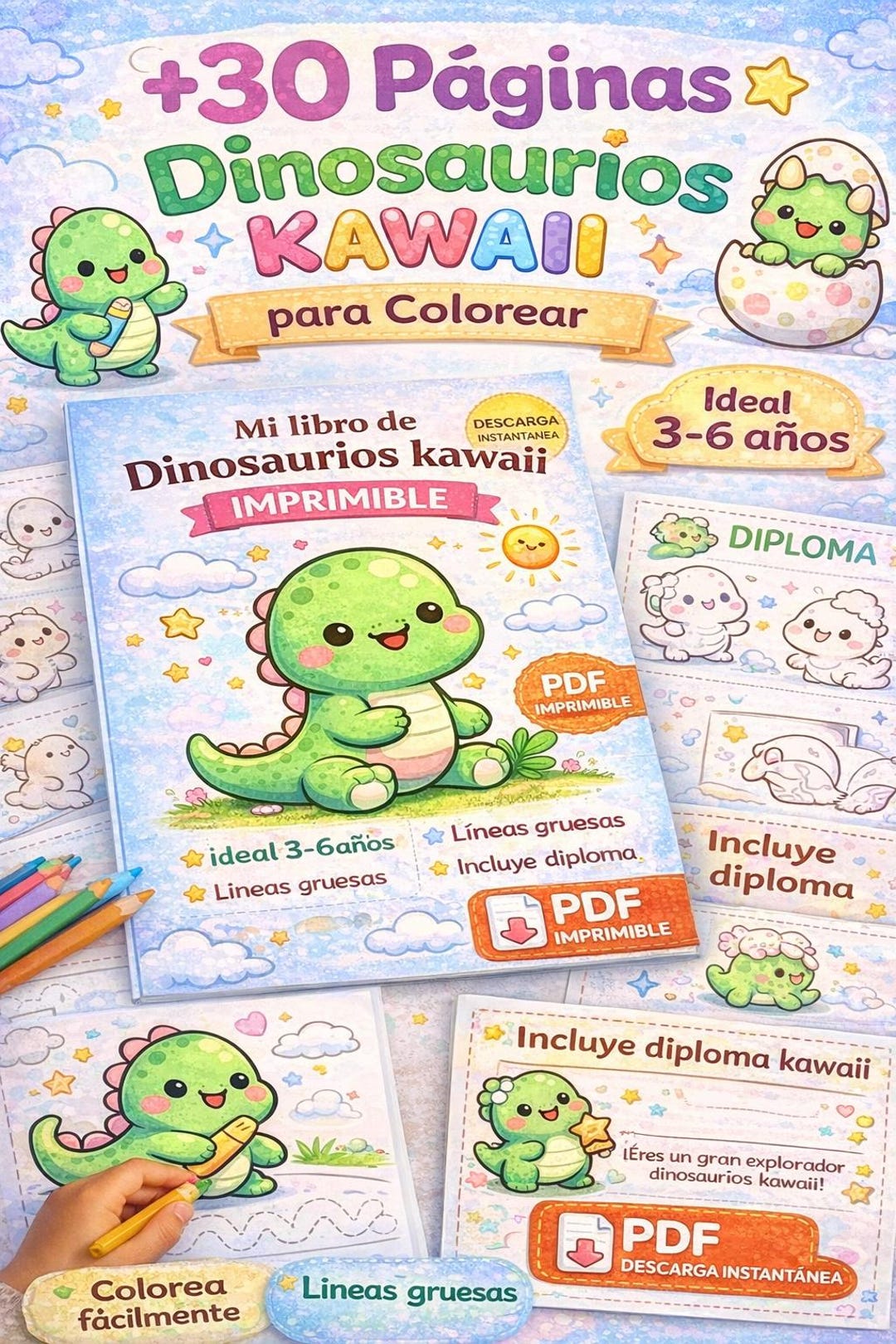 Cute Dinosaurs Coloring Book for Kids (ages 3-6) | Printable PDF | 30 ...