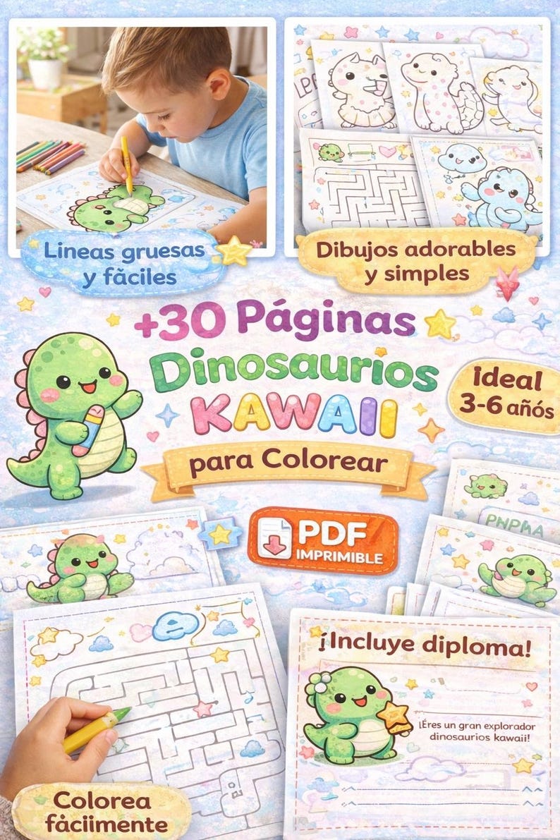 Cute Dinosaurs Coloring Book for Kids (ages 3-6) | Printable PDF | 30 ...