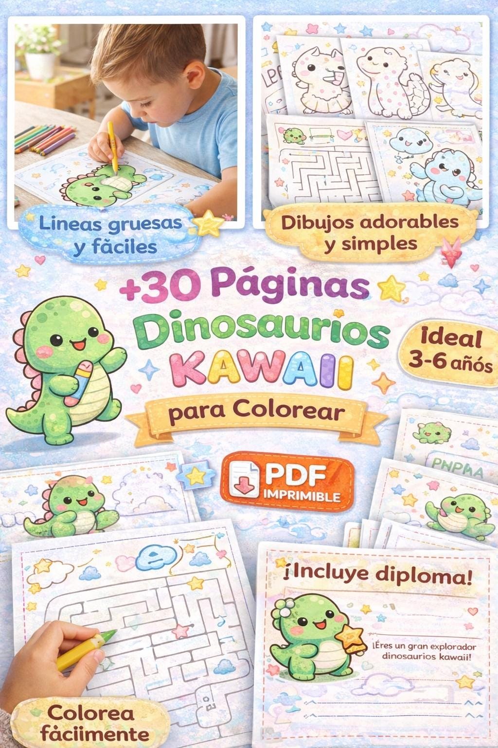 Cute Dinosaurs Coloring Book for Kids (ages 3-6) | Printable PDF | 30 ...