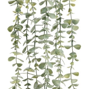 May include: A hanging artificial plant featuring multiple long, trailing stems with small, rounded, sage green leaves. The stems emerge from a dark, circular container at the top, creating a cascading effect of foliage with a matte finish.