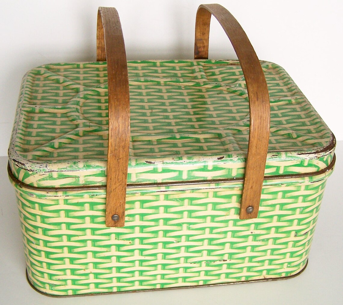 Vintage Metal Green Basket Weave Picnic Basket Retro Storage Etsy