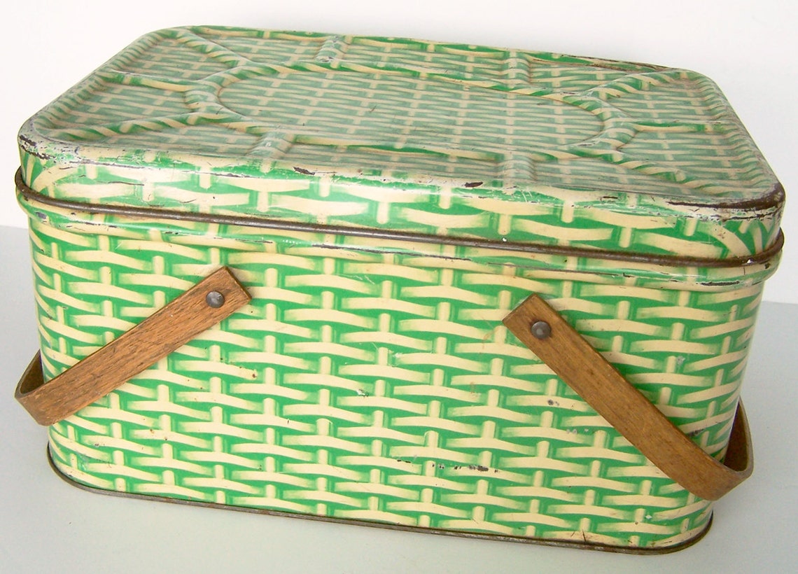 Vintage Metal Green Basket Weave Picnic Basket Retro Storage Etsy