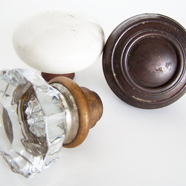 SALE SALE SALE Vintage Door Knobs Hardware Glass Porcelain Metal Set of 3 Single Knobs