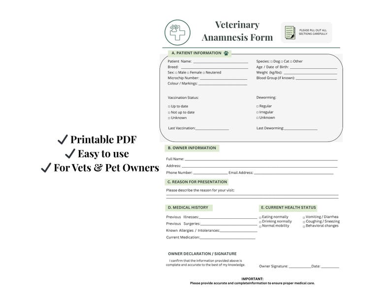 Veterinary Anamnesis Forms – Printable PDF| Pet Medical History | Dog ...