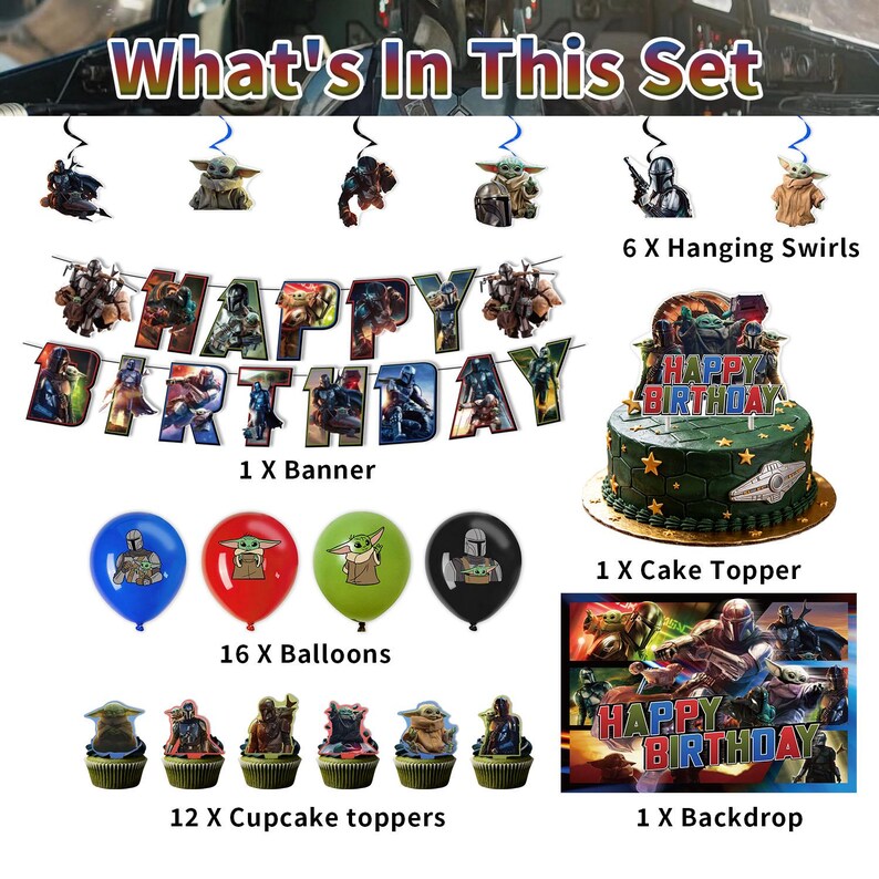 K&ouml;nnte beinhalten: Ein Star Wars-Geburtstagsparty-Set mit Banner, Luftballons, Tortenaufsatz, Hintergrund, Cupcake-Toppern und h&auml;ngenden Wirbeln. Das Set enth&auml;lt einen Kuchen mit einem "Happy Birthday"-Topper und Luftballons mit Charaktermotiven.