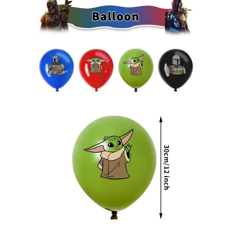 K&ouml;nnte beinhalten: Eine Auswahl an bunten Luftballons mit Figuren aus einer beliebten Science-Fiction-Serie. Die Ballons sind blau, rot, gr&uuml;n und schwarz, mit einem gro&szlig;en gr&uuml;nen Ballon mit einem Durchmesser von 30 cm (12 Zoll). Das Wort "Ballon" ist oben aufgedruckt.