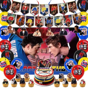 May include: A birthday party scene with a cake, balloons, and decorations. The cake has a hockey theme with a hockey stick and the words "Happy Birthday." Balloons are red, black, blue, and yellow. The banner says "Happy Birthday."