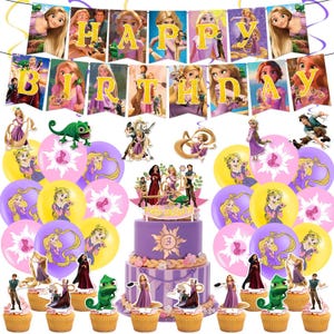 Pode incluir: Um conjunto de decoração de festa de aniversário com um bolo roxo com o número 3, topos de bolo, balões e uma faixa que diz "Happy Birthday". O tema é uma princesa com cabelos longos e loiros.