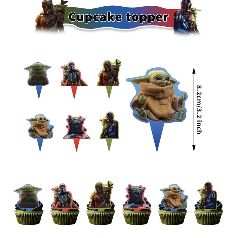 K&ouml;nnte beinhalten: Cupcake-Topper mit Figuren aus einer beliebten Science-Fiction-Serie. Die Topper zeigen Bilder einer Figur in R&uuml;stung und einer kleinen gr&uuml;nen Kreatur. Die Topper sind 8,2 cm gro&szlig;.