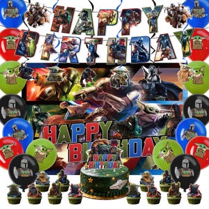 K&ouml;nnte beinhalten: Ein festliches Geburtstags-Set mit Kuchen, Cupcakes, Luftballons und einem Banner. Die Dekorationen zeigen Charaktere aus einer beliebten Weltraumoper, mit dem Schriftzug "Happy Birthday". Das Farbschema umfasst Gr&uuml;n, Rot, Blau und Schwarz.