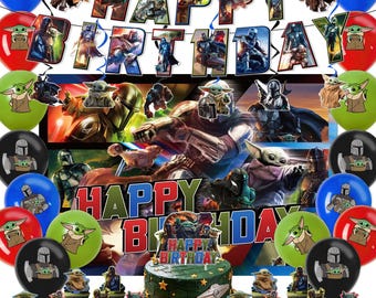 Mandalorian-födelsedagsfestdekorationer | Baby Yoda-banderoll, bakgrund, tårtdekoration och ballongset | Star Wars