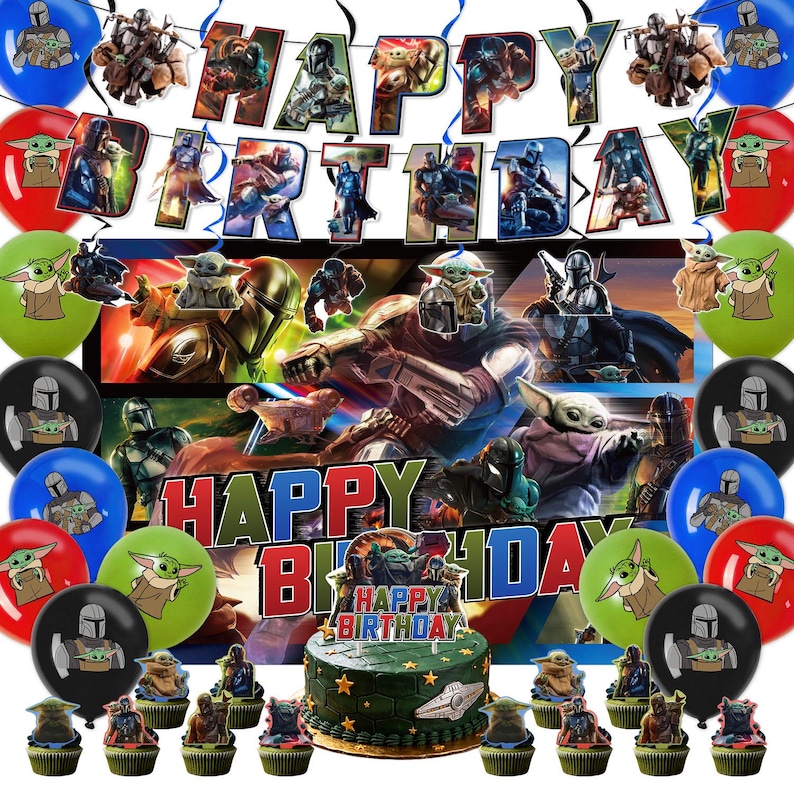 K&ouml;nnte beinhalten: Ein festliches Geburtstags-Set mit Kuchen, Cupcakes, Luftballons und einem Banner. Die Dekorationen zeigen Charaktere aus einer beliebten Weltraumoper, mit dem Schriftzug "Happy Birthday". Das Farbschema umfasst Gr&uuml;n, Rot, Blau und Schwarz.