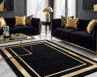 Modern Black & Gold Bordered Rug 5x7 6x9 Hand Tufted Dark Shadow Boho Rug for Living Room Bedroom Nursery Room