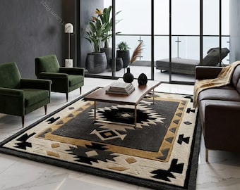 Hand Tufted Wool Southwestern Rug, Boho Tribal Geometric Carpet, Neutral Modern Living Room Decor