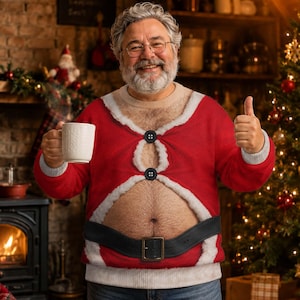 May include: A red and white festive jumper featuring a printed Santa suit design with a black belt, two black buttons, and a large cutout section that exposes the midriff. The jumper has long sleeves with grey cuffs and a beige crew neckline.