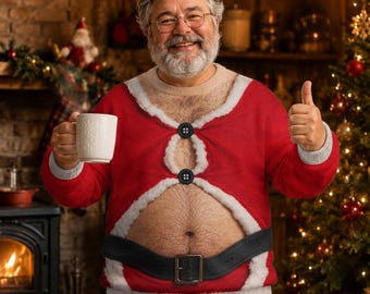 Grappige kersttrui met een illusie van een kerstbuik, foute kersttrui voor mannen
