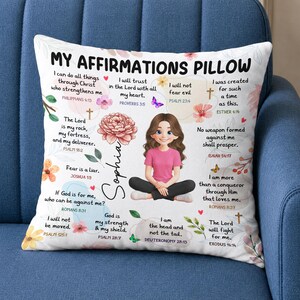 Almohada personalizada con afirmación cristiana, cojín infantil con versículo bíblico, regalo de fe para niñas.