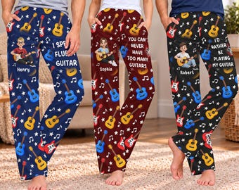 Personalized Guitar Pajama Pants, Custom Name & Character, Music Lover Gift